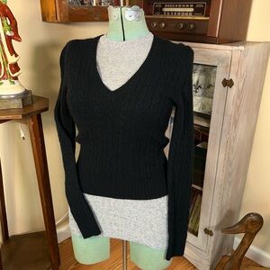 The Limited Black Ribbed Cable Crop V-neck Sweater Wool Angora Cashmere Blend